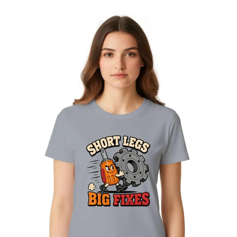 Classic Cool Stubby Screwdriver T-Shirt For DIY Engineers With Short Legs Big Fixes Humor on a woman in a gray tee.