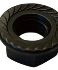Close-up of 1/4-20 Serrated Flange Hex Lock Nuts Case Hardened HR15N 78/90 With Black Zinc Bake Finish for auto machinery