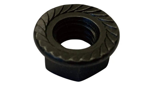 Close-up of 1/4-20 Serrated Flange Hex Lock Nuts Case Hardened HR15N 78/90 With Black Zinc Bake Finish for auto machinery
