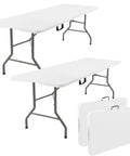 Two Six Foot Portable Folding Table With Steel Legs White Rectangle Top Fold In Half With Carry Handle Durable HDPE Surface