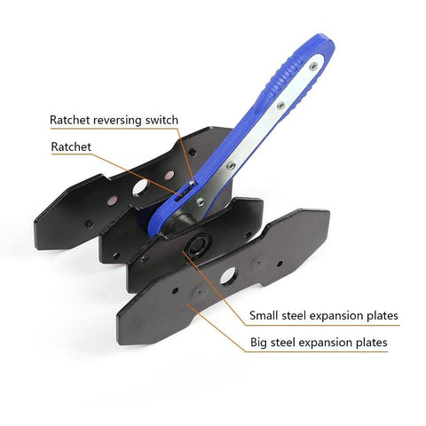 G-PLUS brake caliper press tool with blue ratchet lever and two black steel plates