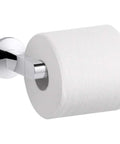 Pivoting Toilet Paper Holder With Premium Metal Construction And Corrosion Resistant Finish, wall-mounted with tissue roll.