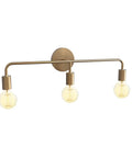 Brass Three Light Vanity Wall Fixture For A Modern Farmhouse Bathroom Vibe, 24 Inch Wide, Vintage Brass Finish, Exposed Bulbs