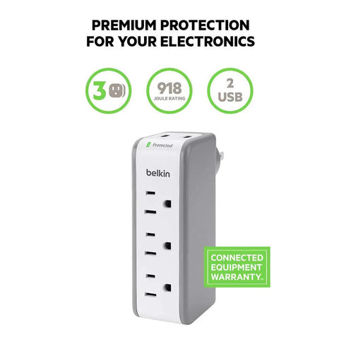 Wall Mount Surge Protector Power Strip With Three AC Outlets And Two USB Ports Heavy Duty Flat Rotating Plug For Home Office Travel And Desk Setup 918 Joules Protection Clutter Free Charging Station