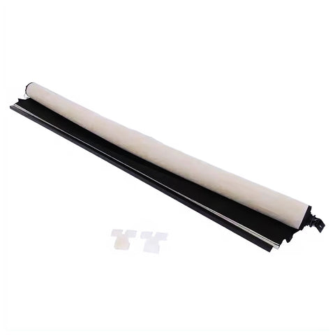 Side view of Partsflow beige sunshade roll with black mounting rail for Cadillac SRX sunroof, includes clips