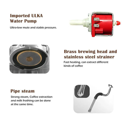 Kickstart Your Coffee Game With This Stainless Steel Electric Cappuccino Maker Featuring Auto Milk Frother Transparent Water Tank Removable Drip Tray And Simple Controls For Home Baristas showing ULKA water pump and brass brewing head.
