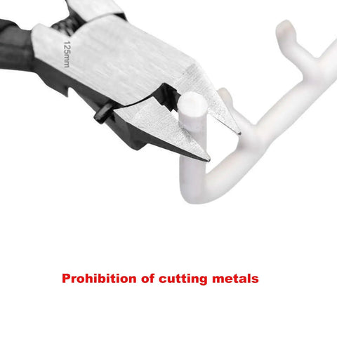 Precision Model Cutter Pliers For Puzzle Building, Diagonal Nippers cutting a white plastic rod, detailed metal blade, 125mm length