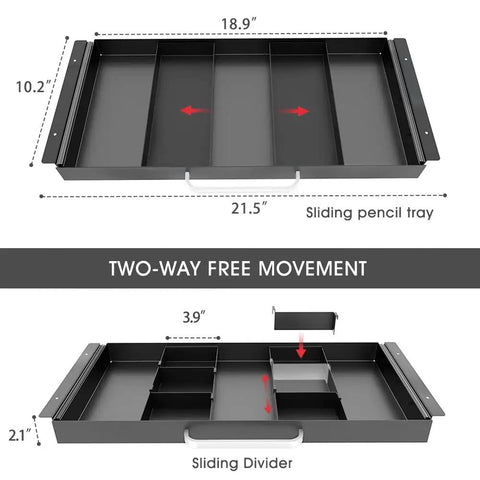 Smooth Operator Under Desk Slide Out Drawer With Split Adjustable Dividers For Pencil And Desk Gear Built For Sit Stand Tables Hassle Free Install Always Tidy Space, showing adjustable dividers and dimensions.