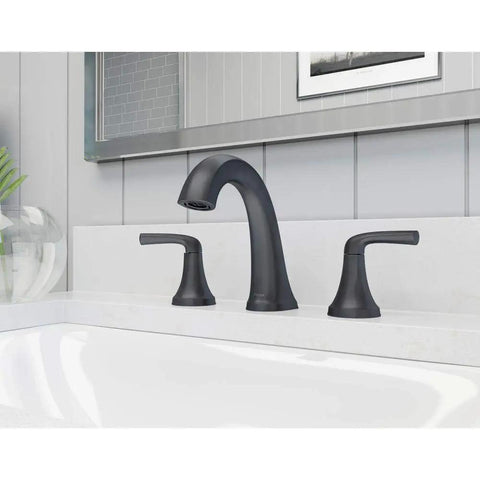 Ladera 8 Inch Widespread Double Handle Bathroom Faucet In Matte Black Sleek Modern Style For Your Sink Solid Brass Construction Easy Install Durable LF-049-LR installed on white counter