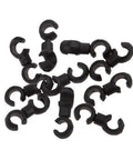 10 Pack Rotatable S Hook Cable Clips For Bike Brake Cables And Derailleur Cross Hooks, black plastic clips on white background