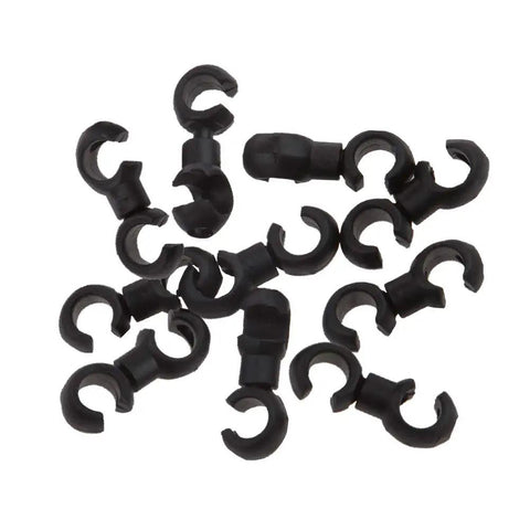 10 Pack Rotatable S Hook Cable Clips For Bike Brake Cables And Derailleur Cross Hooks, black plastic clips on white background