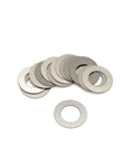 TACSHIM .276-inch pivot/takedown pin shim kit, 14-pack; stack of silver metal washers (front view)