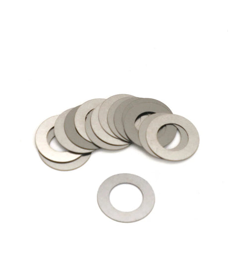 TACSHIM .276-inch pivot/takedown pin shim kit, 14-pack; stack of silver metal washers (front view)