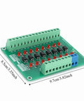 8 Channel Optical Isolation Module Workhorse 12 Volt To 3V3 Converter For PLCs, green board with connectors and dimensions.