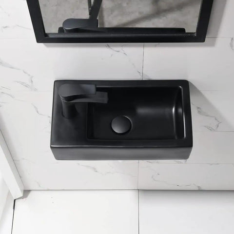 18 Inch Corner Bathroom Sink With Matte Black Faucet Ultra Space Saver Wall Mount Vessel Sink For Tight Nooks Narrow Bathroom Vanity Or Cloakroom Porcelain Ceramic Basin With Overflow Left Hand