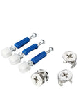 Heavy Duty Cam Screws And Lock Nuts Forming A Rock Solid Grip For No Fuss Furniture Assembly And Quick Fix Ups On Dressers Bookshelves Desks Cabinets Pro Grade 200 Piece Installation Kit, showing silver screws and blue plastic fittings.