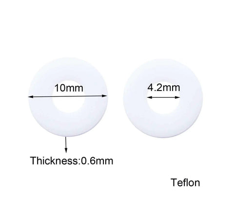 Teflon Flat Washers For Folding Knife Pivot Pins Low Friction Bearing Shims shown with 10mm outer and 4.2mm inner diameter