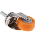 Universal Heavy Duty Swivel Furniture Casters With Non Marking Polyurethane Trolley Wheels That Roll Slick And Glide Like Butter On Platform Chairs And Office Seating Replacements close-up of orange polyurethane caster with silver metal bracket.