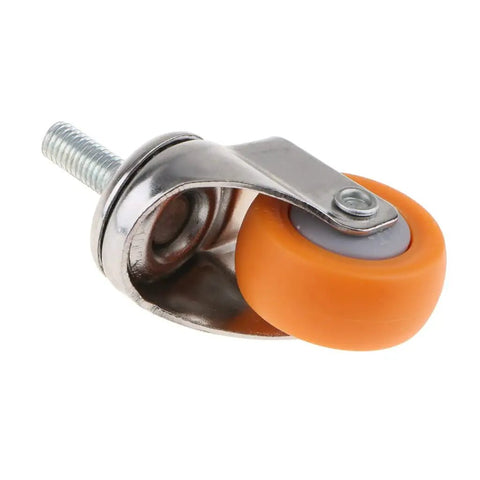 Universal Heavy Duty Swivel Furniture Casters With Non Marking Polyurethane Trolley Wheels That Roll Slick And Glide Like Butter On Platform Chairs And Office Seating Replacements close-up of orange polyurethane caster with silver metal bracket.