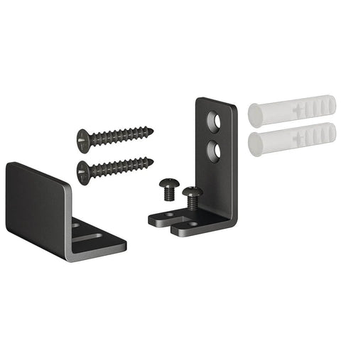 Two Pack Adjustable U Shape Barn Door Floor Guides For Floor And Wall Mount Flexible Flush Bottom Sturdy Steel In Black Finish Fits Non Grooved Doors 15/16 In To 1 7/16 In And Grooved Doors 1 7/8 In To 2 7/8 In Includes 8 Screws, showing parts, screws, and brackets.
