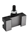 Tool post holder for wedge-type mini lathe; black body with silver jaws and mounting bolt, front view