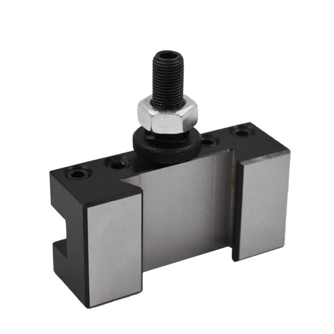 Tool post holder for wedge-type mini lathe; black body with silver jaws and mounting bolt, front view