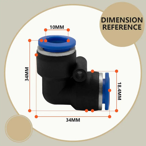 10 Pack 10mm 90 Degree Push In Elbow Pneumatic Fittings with dimension references for polyethylene, nylon, and PU tubing.
