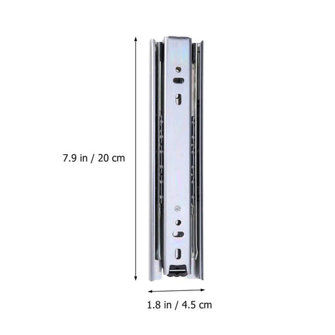Two Pack Heavy Duty Steel Ball Bearing Drawer Slides With Buttery Smooth Gliding Action Built For Kitchen Storage Cabinets And Desk Pedestals Zero Fuss Telescopic Hardware Rails side view showing size 7.9 in / 1.8 in.