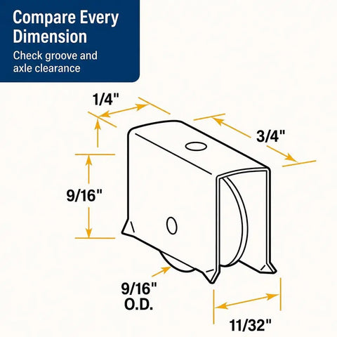 Heavy Steel Showcase Sliding Window Roller Assembly with dimensions 9/16 inch diameter for Wood Cabinets installation.