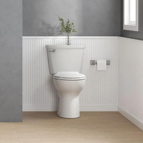 Bathroom with Soft Close Elongated Toilet Seat In White Quiet No Slam Lid With Durable Polypropylene Construction Bottom Mount