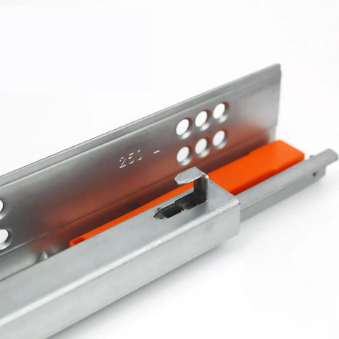 Heavy Duty Undermount Drawer Slides With Push To Open Design showcasing steel slider with orange safety lock, perfect for cabinet hardware.