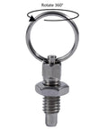 4 Pack Rock Solid Stainless Steel Pull Index Plungers Featuring Heavy Duty Spring Loaded Lock Out Knobs And Quick Release Pins Built Tough For Hassle Free Gadget Mods And Furniture Assembly, showcased with a rotating ring.