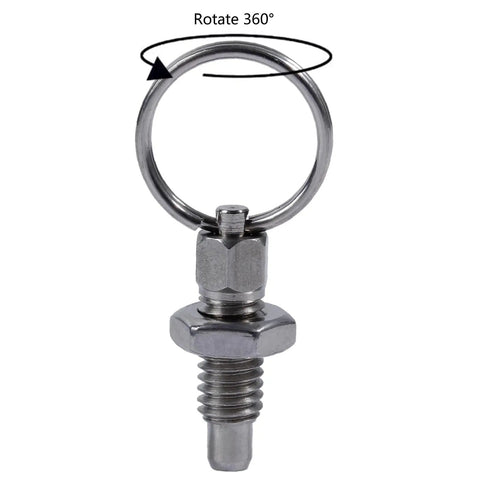 4 Pack Rock Solid Stainless Steel Pull Index Plungers Featuring Heavy Duty Spring Loaded Lock Out Knobs And Quick Release Pins Built Tough For Hassle Free Gadget Mods And Furniture Assembly, showcased with a rotating ring.