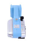 Heavy Duty Handheld Battery Electric Strapping Machine For Plastic Bands And Steel Belts, Tightens Up To 2800N With Friction Seal, Fast Pack Tool For Shipping Boxes And Warehouse Storage, Blue from front view.