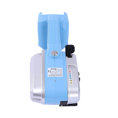 Heavy Duty Handheld Battery Electric Strapping Machine For Plastic Bands And Steel Belts, Tightens Up To 2800N With Friction Seal, Fast Pack Tool For Shipping Boxes And Warehouse Storage, Blue from front view.
