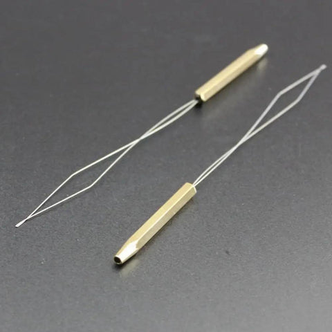 Fishing Line Winder And Fly Tying Bobbin Threader Tool For Outdoor Finisher With Stainless Steel And Brass Build, Easy Threading, Durable Angling Gear For Precise Thread Alignment And Quick Tying, brass fly tying bobbin threader on dark background