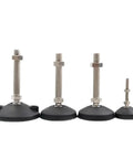 Premium Heavy Duty Adjustable Furniture Levelers With Swivel Base And Threaded Glide Pads To Kick Wobble On Sloped Floors Built Tough As Nails Four Pack D80M10X50 displayed in various heights.