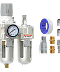 Three Eighths Inch NPT Air Filter Regulator Lubricator Combo With Water Separator And Semi Auto Drain 0 To 145 PSI Gauge
