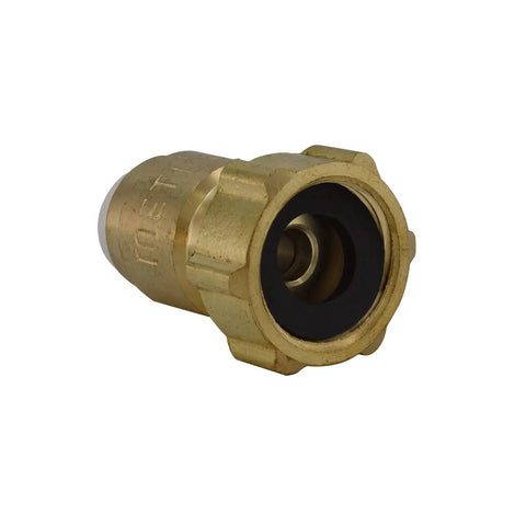 Close-up of Quarter Inch To Three Eighths Inch Female Threaded Compression Reducing Adapter Lead Free Brass With Leak Free Seal.