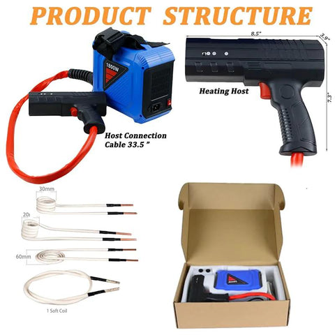 Induction bolt heater kit with blue 1800W unit, flameless handheld heat tool and four coils in box