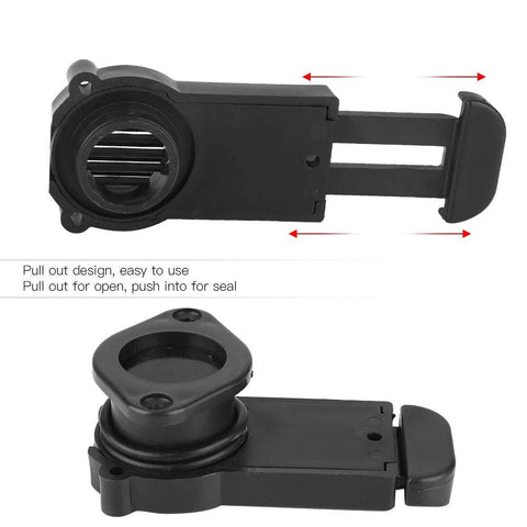 Boat drain valve, PVC marine-grade scupper with pull-out design; front and close-up views