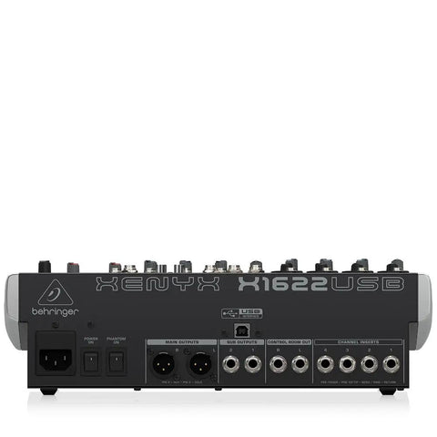 Back view of Xenyx X1622USB 16-Input 2 By 2-Bus Studio Mixer showing ports, connections, and USB interface.