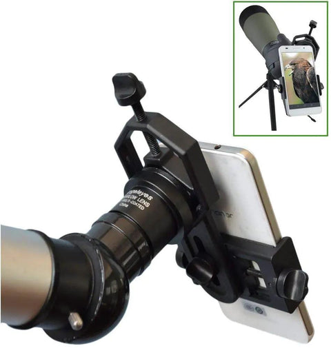 Turn Your Smartphone Into A Video Camera And Image Capture Rig For Binoculars, Telescopes, Spotting Scopes, Monoculars, And Microscopes With An Aluminum Mount, Periscope Adapter, And Remote, Case Friendly Up To 90mm Wide attached to a telescope