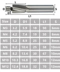 Side view of silver HSS counterbore end mill with pilot for M3–M12 sizes, CNC router bit.