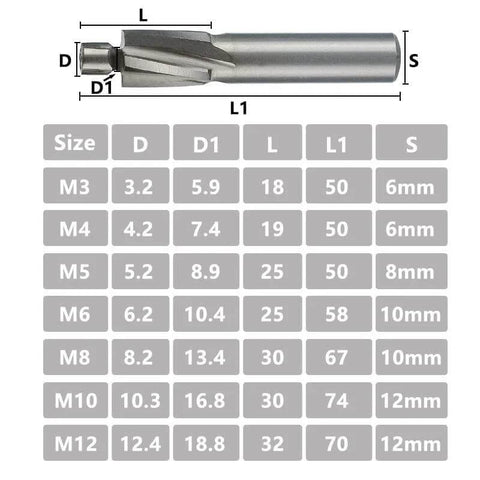 Side view of silver HSS counterbore end mill with pilot for M3–M12 sizes, CNC router bit.