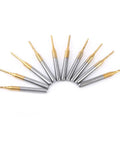 End Mill Router Bit Set Ten Pack 1.5mm Tungsten Coated Carbide CNC Engraving Bits arranged in a semicircle