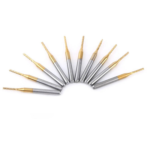 End Mill Router Bit Set Ten Pack 1.5mm Tungsten Coated Carbide CNC Engraving Bits arranged in a semicircle
