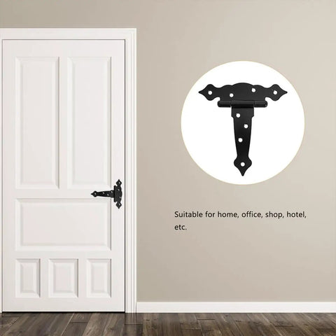 Heavy Duty Shed Door Hinges With Screws 2 Pack installed on indoor door, black iron design, suitable for homes and offices.