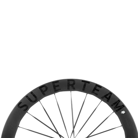 Close-up of Carbon Disc Wheelset S All D28 50 Tubeless With Carbon Spokes 700C showing top view with brand logo on rim