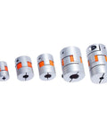 Heavy Duty Plum Flex Shaft Coupling for DIY CNC Encoder Projects Made From Solid Aluminum Alloy With Anodized Finish, various sizes visible.